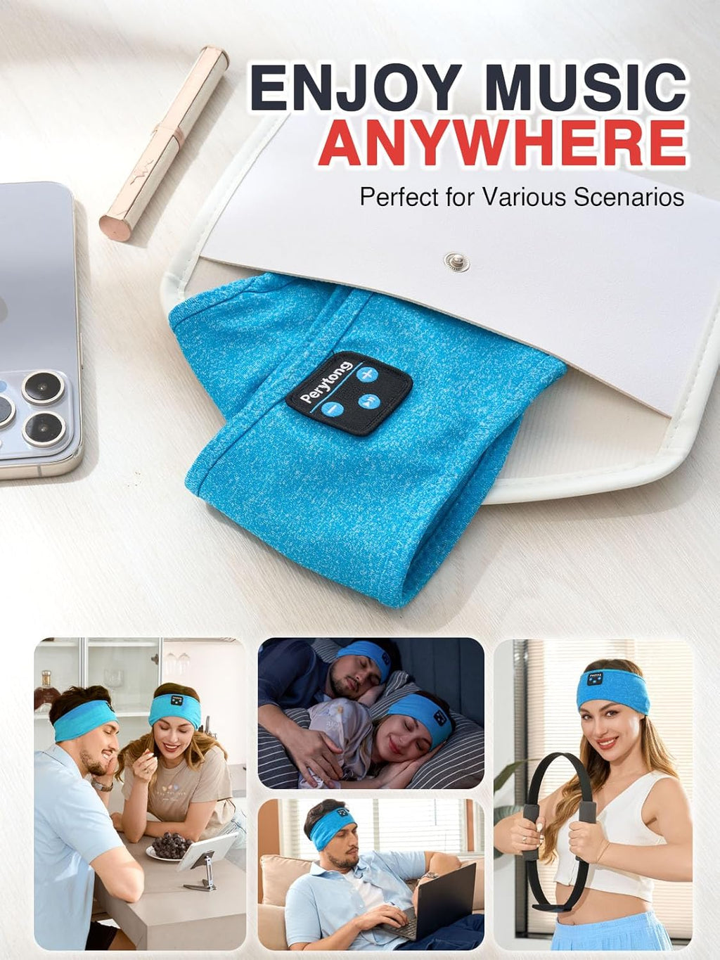 Sleep Headphones Wireless, Bluetooth Sports Headband Headphones with Ultra-Thin HD Stereo Speakers Perfect for Sleeping,Workout,Jogging,Yoga,Insomnia, Air Travel, Meditation (Azure)